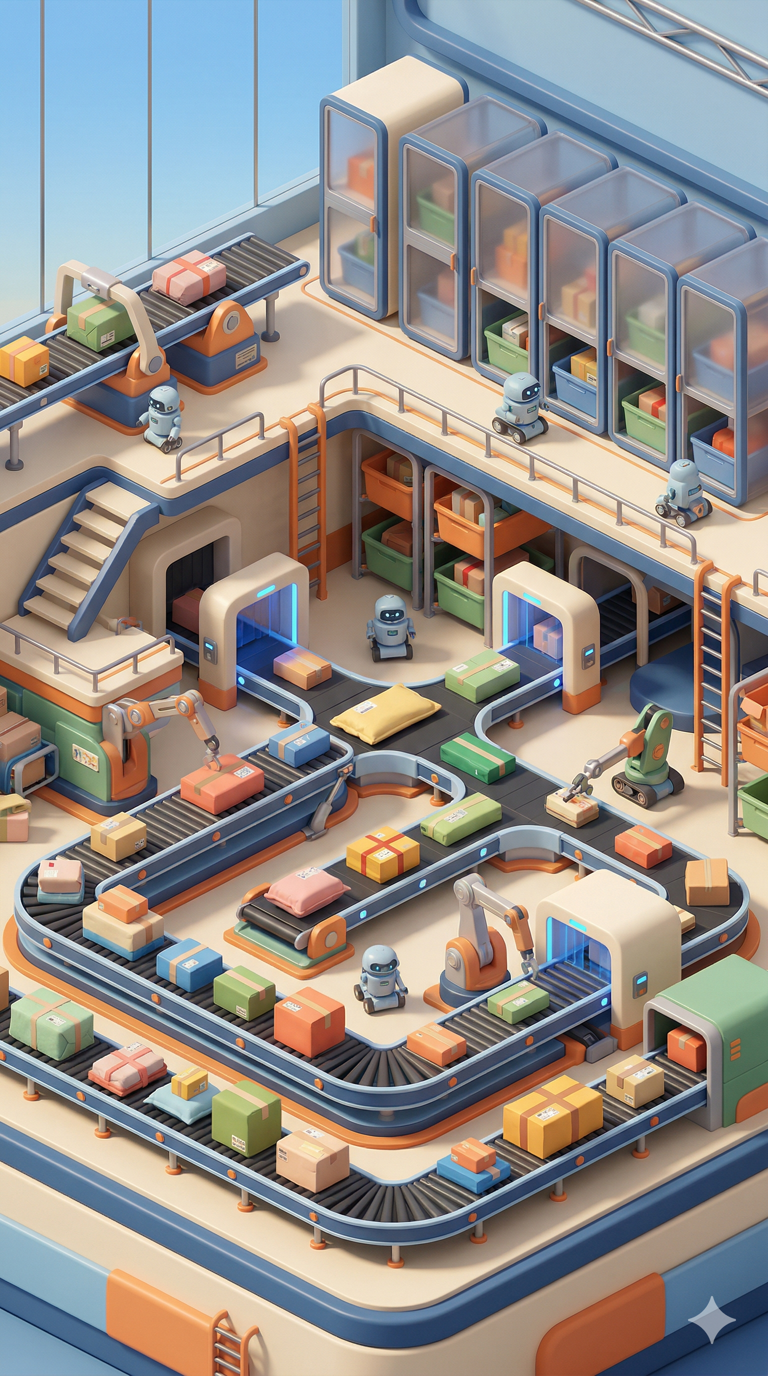 Isometric illustration of an automated operations facility with conveyor belts, robots, and organized workstations